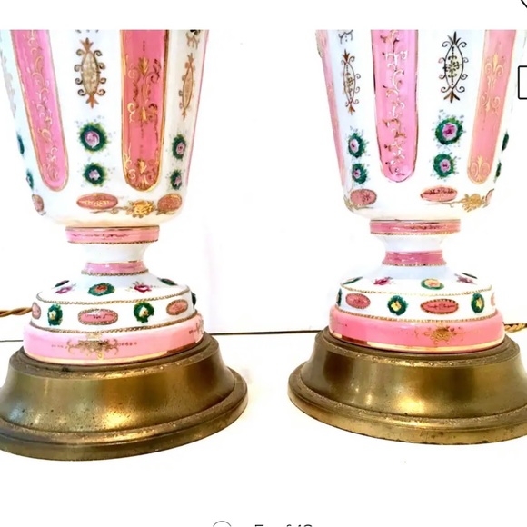 Antique pair of French continental handpainted gilt porcelain and Crystal lamps - Picture 3 of 6